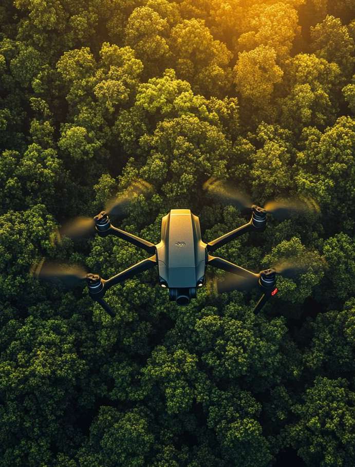Drone en vuelo sobre cobertura vegetal